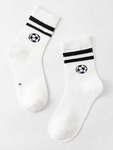 1/5 pares de calcetines deportivos blancos de media caña para niños, estilo primavera/verano, diseño clásico de doble raya de colores con patrón de fútbol, suaves y amigables con la piel, cómodos, versátiles y casuales para estudiantes, adecuados para la vuelta al colegio, eventos deportivos, uso diario/regalos de vacaciones/Copa del Mundo/temporada de vuelta al colegio - Multicolor - Ver 5