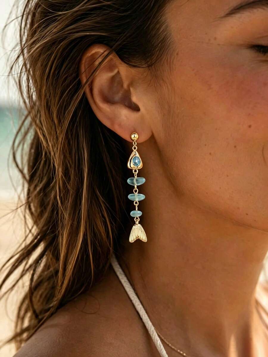 1對波西米亞風美人魚尾垂墜耳環,金色長款海灘海洋造型耳飾,適合女性夏季度假珠寶 - 小魚長吊墜耳環 - 查看 1