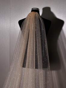 1pc Long Train Glitter Champagne Nude Bridal Veil With Metal Hair Comb, Church Wedding & Bridal Photography Accessory - Khaki - View 6
