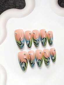 10 piezas de uñas postizas de estilo único hechas a mano, set de arte de uñas de polygel, líneas pintadas a mano, esmalte de uñas azul & verde, estilo minimalista soñador, incluye herramientas para uñas, 3 tamaños disponibles: almendra, pato, forma de ataúd, adecuado para fiesta, baile, uso diario - Multicolor - Ver 16