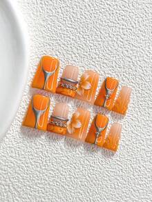 10件裝賽博龐克風手工穿戴式美甲，Polygel美甲套組，花卉、波點、水波紋圖案，橘色指甲油，休閒風格，附美甲工具，3種尺寸可選，杏仁形、鴨嘴形、棺材形，適合派對、跳舞、日常配戴 - 彩色 - 查看 14
