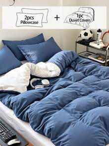 3Pcs Fashionable Dual-Tone Solid Color Duvet Cover Bedding Set, Soft And Breathable, Wrinkle-Resistant, Full Size (1 Duvet Cover + 2 Pillowcases, No Filling) Suitable For All Seasons, Soft And Comfortable, Ideal For Dorm Students, Home Bedroom Bedding, Guest Room Use, With Zipper Closure And Pillowcases, Multi-Color Soft And Durable, Extra Large Bedding, Extra Large Duvet Cover Set Suitable For Room Decor, Travel And Dorm (Boys/Girls) - Blue and White - View 2