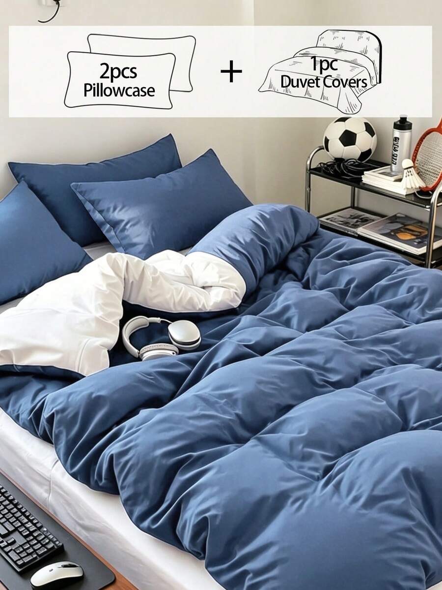 3Pcs Fashionable Dual-Tone Solid Color Duvet Cover Bedding Set, Soft And Breathable, Wrinkle-Resistant, Full Size (1 Duvet Cover + 2 Pillowcases, No Filling) Suitable For All Seasons, Soft And Comfortable, Ideal For Dorm Students, Home Bedroom Bedding, Guest Room Use, With Zipper Closure And Pillowcases, Multi-Color Soft And Durable, Extra Large Bedding, Extra Large Duvet Cover Set Suitable For Room Decor, Travel And Dorm (Boys/Girls)