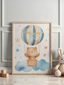 1 pièce, Décoration murale pour chambre de bébé sur canevas encadrée, Ours en peluche dans une montgolfière, Mignon petit ours brun montant dans une montgolfière rayée bleu et blanc, Thème d'aventure dans le ciel de style neutre pour décoration murale de chambre de bébé, Impression d'art prête à accrocher, Convient pour chambre de tout-petits, salle de jeux, Cadeau idéal pour baby shower, Cadeau pour passionné de voyage d'ours, Décoration d'accent pour chambre d'enfants, Décoration de maternelle, Cadeau pour enfants, Décoration de fête, Affiche imperméable - Multicolore - Voir 2