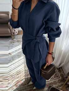 Women's Casual Commute Lapel Long Sleeve Tie Waist Top & Loose Wide Leg Pants 2 Pieces Set, Solid Color Pocket Button Tie Daily Date - Royal Blue - View 4