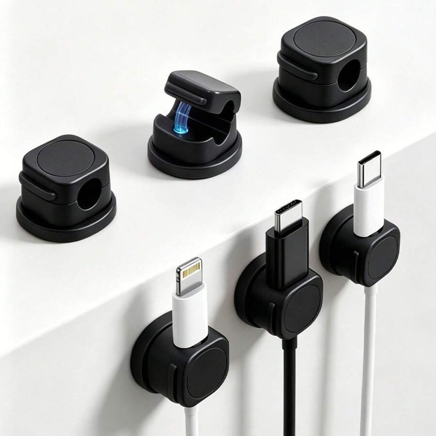 Mobile Phone Data Cable And Charging Cable Organizer, Magnetic Cable Organizer, Desktop And Wall-Mounted Cable Clip, Plug Hook - 360-degree Rotating - Black 6-pack - View 1