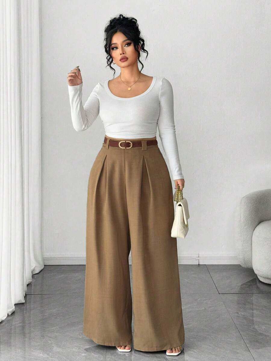 Pantalones de pierna ancha para mujer de talla grande,unicoloro albaricoque, estilo elegante, de moda para ir al trabajo y la oficina - Verde - Ver 1