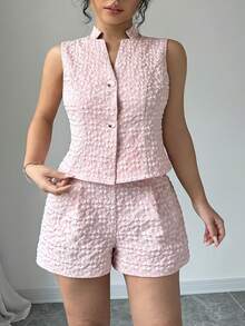 Camiseta sin mangas y shorts jacquard liso.Conjunto elegante de 2 piezas.Fresco, moderno y perfecto para looks diarios. - Rojo - Ver 7