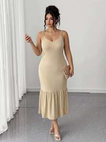 Plus Size Long Modal Ruffle Hem Dress – Solid Color Flowy Comfortable Maxi Dress - Beige - View 4