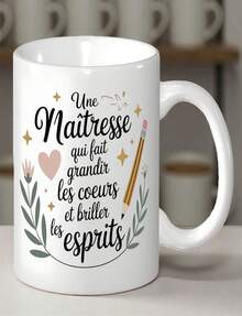 French Thank You Teacher Ceramic Mug 11oz 325ml - Floral Pencil Design With French Thank You Phrases Un Grand Merci - He - Blanco - Ver 1