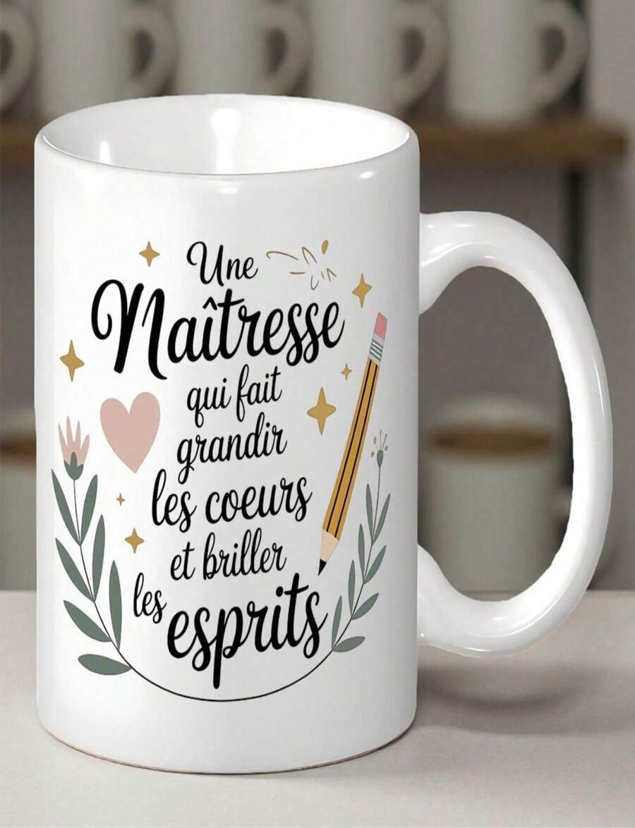 French Thank You Teacher Ceramic Mug 11oz 325ml - Floral Pencil Design With French Thank You Phrases Un Grand Merci - He - Blanco - Ver 1