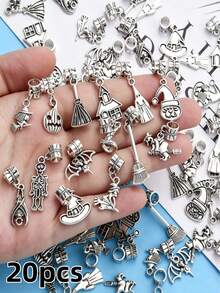 20/30/50pcs Vintage Hollow Heart, Fruit, Tree Of Life, Letter, Angel, Bow, Halloween, Christmas Alloy Pendant Assortment Set, Multiple Style Heart Designs With Connectors, Suitable For DIY Personalized Fashion Bracelets, Necklaces, Keychains And Other Jewelry Accessories - Silver - View 12