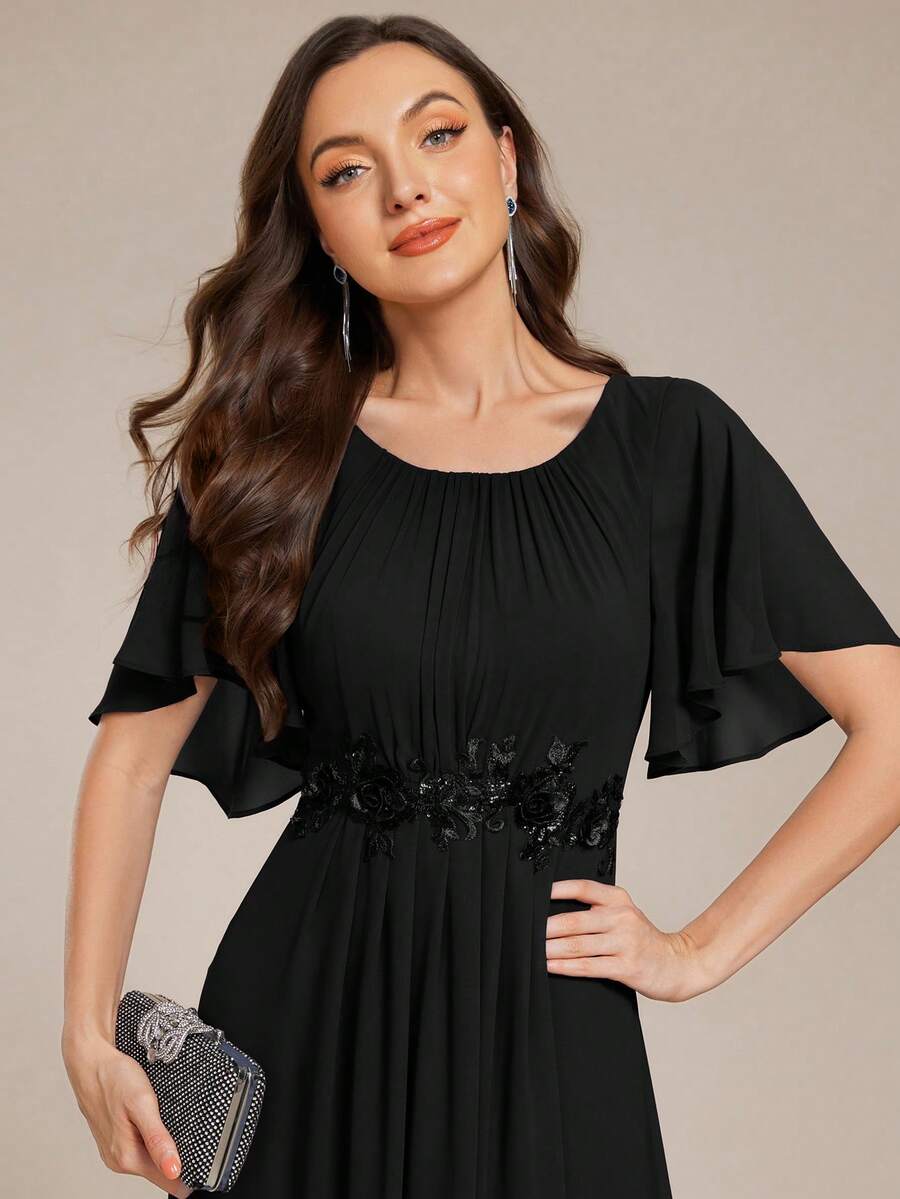 EVERPRETTY Elegant Applique Ruffle Sleeve Pleated Black Chiffon Bridesmaid Dress, Formal Wedding Guest Maxi Dress - Black - View 1