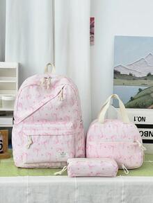 3-Piece Set - Back To School Bow Print Backpack Set, Large Capacity Nylon School Day Bag, With Lunch Bag And Pencil Case, Multi-Pocket Casual Backpack, Lightweight Bookbag, Suitable For Students/Graduates/Young People, Perfect For Back To School/Daily/Shopping/Short Trips And Outdoor Leisure Activities - Multicolor - View 14