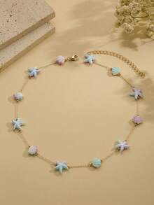 1 pieza Collar de cadena de acero inoxidable con estilo de vacaciones de verano, con estrella de mar degradada y concha, cadena fina de color azul claro y púrpura claro estilo macaron, con cadena de extensión ajustable, joyería de cuello para mujer, adecuado para playa, viajes, uso diario, citas, atuendo minimalista de nicho - Multicolor - Ver 2