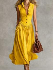Sleeveless Button-Front Midi Dress, Fitted Waist Flowy A-Line Dress With Pockets - 黃色 - 查看 1