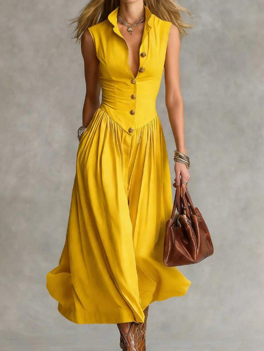 Sleeveless Button-Front Midi Dress, Fitted Waist Flowy A-Line Dress With Pockets - 黃色 - 查看 1