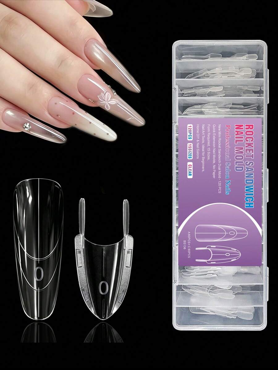 120PCS/Box Rocket Sandwich Nail Form Mold, 60Pcs Top Mold+60Pcs Bottom Mold 15 Sizes Clear Reusable Acrylic Nail Dual Forms, No Clips No Paper Forms, Quick Poly Nail Extension Molds For Beginners & Salon Use - Clear - View 1