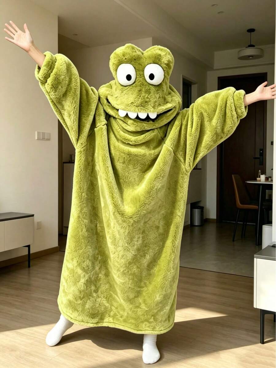 1pc Women's Fun Frog Pattern Coral Fleece Long Sleeve Robe, Autumn/Winter Loungewear, Comfortable Elegant Details, Suitable For Home, Party, Home & Bathroom Supplies, Gift, Loungewear, Suitable For Teenage Girls, Fluffy Cute, Back To School, Holiday - Multicolor - View 1