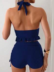 Swim Conjunto de tankini de traje de baño con top halter liso y espalda descubierta, y shorts plisados con cordón, maduro y encantador para ver - Azul marino - Ver 8