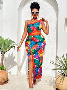 BIUBIU Plus Size Tropical Print Maxi Dress Set For Women Sleeveless Asymmetrical Neck Bodycon , Perfect For Summer Vacation - Color - View 3