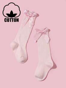 1 đôi tất cao đến đầu gối bằng cotton cho bé gái/trẻ nhỏ, màu trơn, có nơ, kiểu dáng đi học. - Hồng - Xem 11