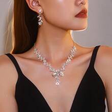 2pcs/Set Forest Style Main Gauze Alloy Rhinestone Vine Horse Eye Branch Leaf Double Water Drop Main Stone V-Neck Jewelry Set, Bridal White Gauze Strapless Dress Accessories, Women Necklace, Women Earrings, Women Accessories, Women Jewelry Set, Jewelry For Women - Multicolor - View 5