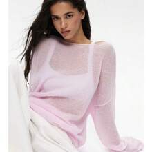 Nuevo top de punto calado estilo europeo y americano para otoño e invierno para mujer, suéter fino y transparente de malla tejida, holgado, sexy y de cuello redondo para mujer. - Morado - Ver 2
