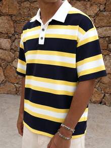FRACTYR Men's Summer Casual Black Yellow White Wide Horizontal Striped Loose Polo Shirt, White Collar Button Short Sleeve Casual Top, Comfortable Breathable Short Sleeve Casual, Suitable For Outdoor Wear - Yellow - View 5