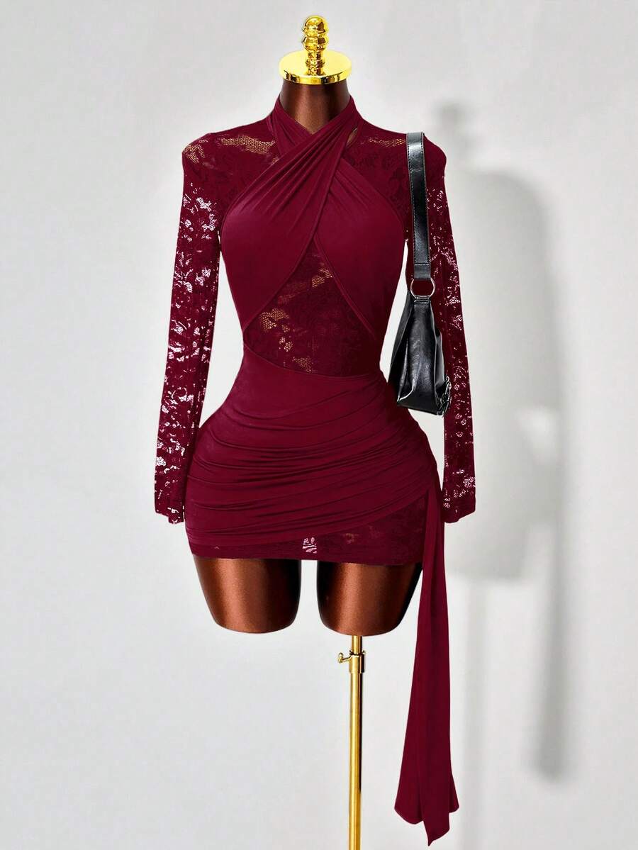 New Women's Sheer Long Sleeve Bodycon Dress With Halter Neck And Solid Color Lace-Ups, Spring And Autumn - 酒紅色 - 查看 1
