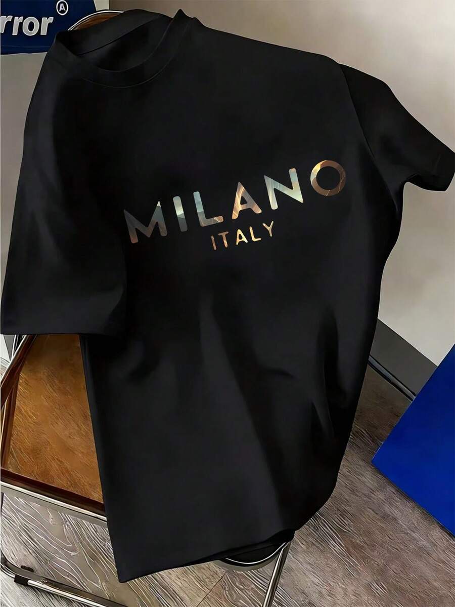 Christmas With Italian Luxury Style! Men's Short-Sleeved T-Shirt With Gradient Letter Print, Relaxed And Modern Style. Popular Item. - 黑色 - 查看 1