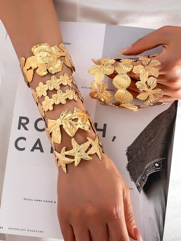 1pc Bohemian Vintage Exaggerated Vacation Style Gold Hollow Flower, Starfish, Shell, Frangipani, Bow Open Wide Cuff Bracelet, Versatile Jewelry Accessory For Daily Wear And Beach Vacation