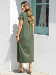 Women's Loose-Fitting Midi Dress With Pockets: Comfort And Elegance For Everyday Winter Wear - 橄欖綠 - 查看 5