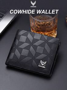 VINCESS Men's Genuine Leather Business Wallet, RFID Blocking, Made Of Top Grain Cowhide Leather, Fashionable Geometric Pattern Design. It Features Multiple Card Slots And Transparent ID Card Window, Perfect For Daily Use And Travel, An Ideal Gift For Men. - Black - View 2