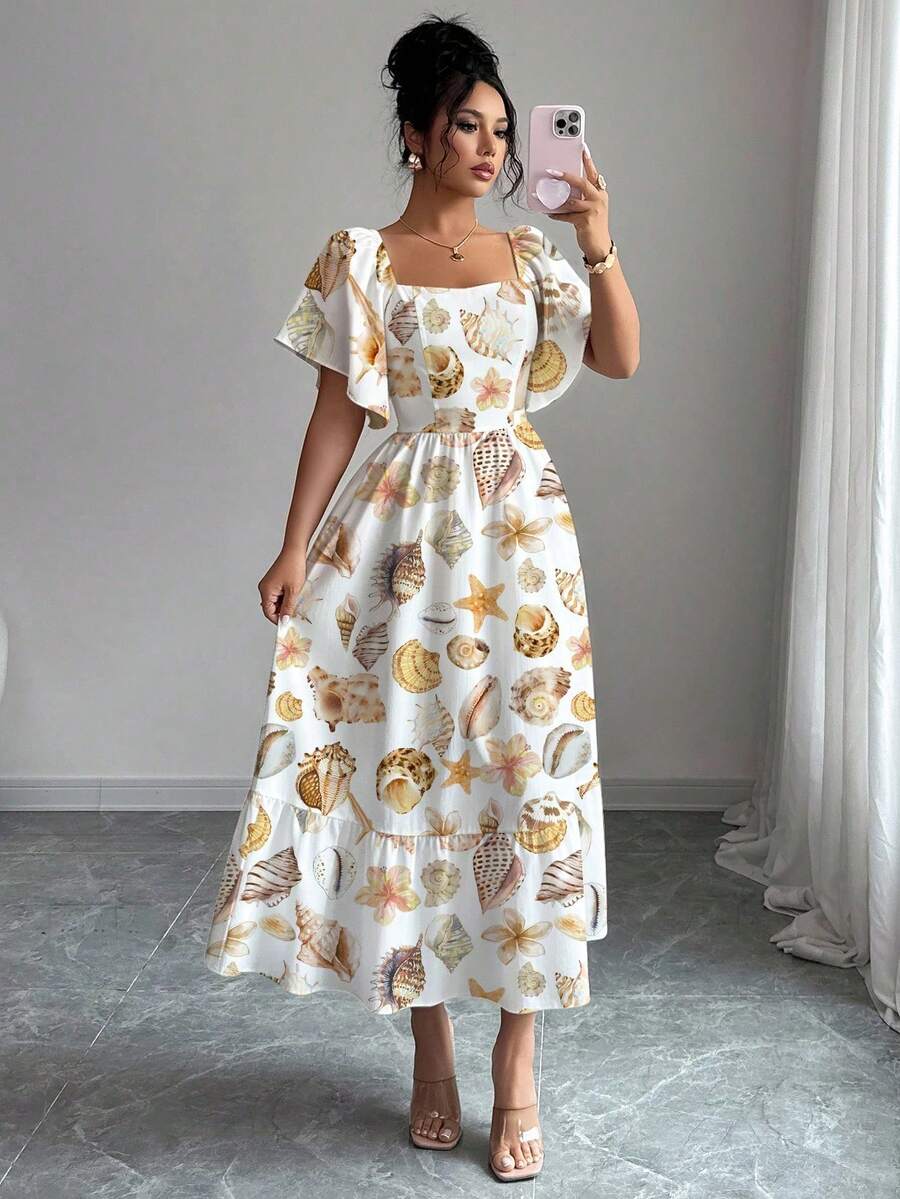 Turtle Leaf, Coconut Tree, Scattered Leaf And Small Flower Plant Silhouette, Square Neck And Short Sleeve Dress With Ruffle Design At The Hem, Summer Vacation Style - Putih - View 1