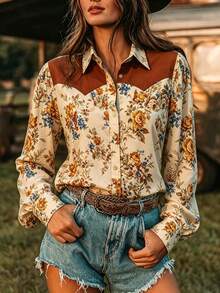 VEXHEIMA Western Style Women's Bohemian-Style , Elegant, And Versatile Suede Shirt With Vintage Print, Button-Down Collar, And Long Sleeves Vacation - Multicolor - View 10