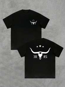 Calavera de toro con estrella y tres símbolos de fuerza 1845 Camiseta doble cara para hombre inspiración occidental moderna - Negro - Ver 1