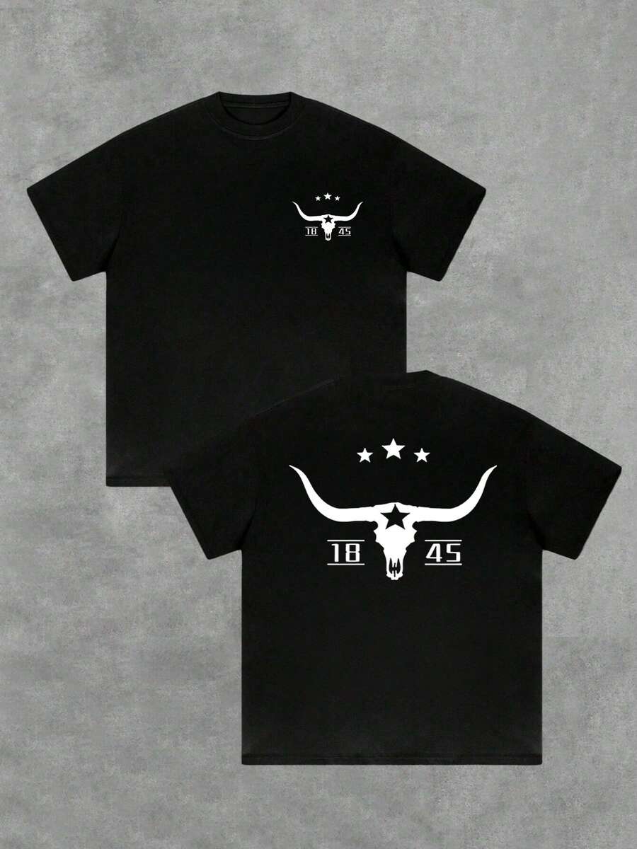 Calavera de toro con estrella y tres símbolos de fuerza 1845 Camiseta doble cara para hombre inspiración occidental moderna - Negro - Ver 1