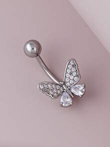 1pc Exquisite Butterfly Pierced Navel Ring With Inlaid Cubic Zirconia, Suitable For Women's Daily Wear, Dating, Party, Gathering - Silver - View 3