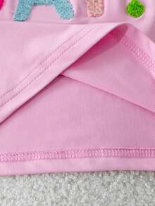 女童簡約生日字母刺繡短袖T恤與彩色網紗裙套裝 - 粉色 - 查看 6