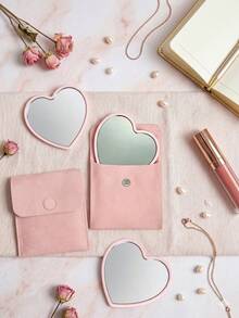 8/4/2pcs Heart-Shaped Makeup Mirror And Makeup Bag Set, Pink Glass Makeup Mirror With Elegant Makeup Bag, Portable Makeup Mirror Set, Suitable For Women, Party Gift, Women's Birthday, Holiday Gift, Bridal Gift, Back To School, Home Decor, Home Supplies, Household Essentials, Gift For Women, Gift For Men, Gift For Mother, Gift For Father, Gift For Grandfather, Gift For Grandmother - Multicolor - View 5