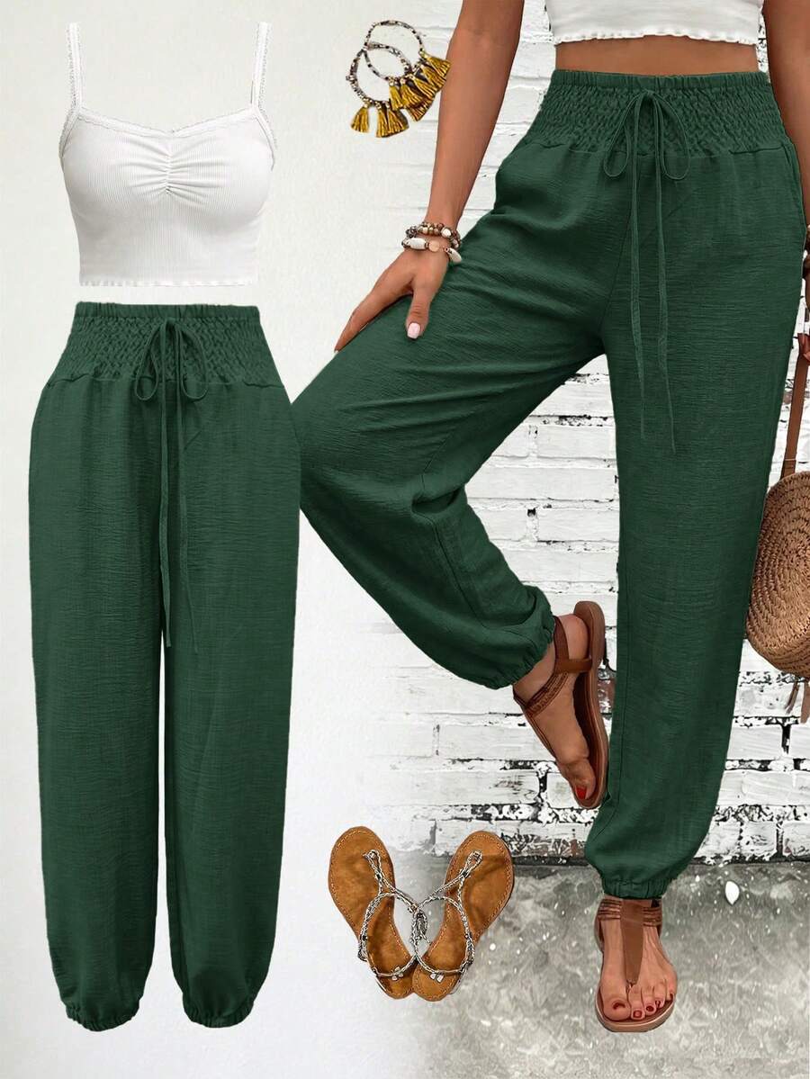 Women's Fashion Commute Lightweight Dark Green Faux Linen Waist Drawstring Pocket Long Pants, Casual Fashion Trousers - Dark Green - View 1