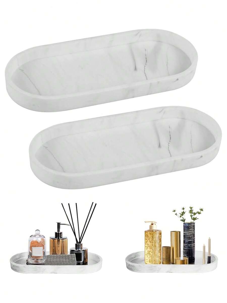 Juego de Bandejas de Silicona - 1/2 Piezas (11.8" & 9.8") Bandeja de Tocador Grande Resistente a Roturas y al Calor con Diseño de Mármol Blanco para Encimera de Baño, Encimera de Cocina, Inodoro, Dormitorio, para Jabón, Perfume, Etc.
