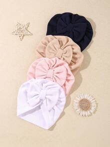 4pcs/Set Baby Ribbed Floral Knit Hat, Daily Warmth, Sun Protection, Windproof, Newborn Anti-Scratch Hat, Bowknot Decor Design, Suitable For Baby Girls Cute Headband Hat. Fabric Is Comfortable, Soft And Breathable, - Multicolor - View 11
