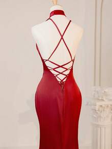 Vintage Burgundy Valentine's Day Backless Slit Sexy Bridesmaid Dress, Sister Party Wedding Season Dress - Burgundy - View 9