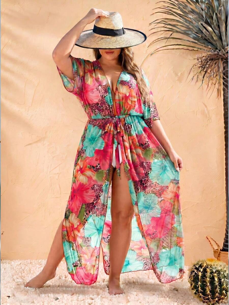 Women's Colorful Floral Print Beach Cover-Up With Tie Waist Vacation Summer - Multicolor - View 1