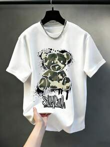 Plus Size Street Fashion Men's Summer Set, Plus Size Loose Fit Short Sleeve T-Shirt (Camo Bear Graffiti) + Camo Shorts, Casual Outfit For Big & Tall Sports - 綠色 - 查看 3