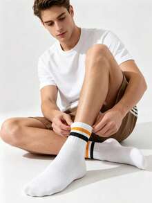 5 Pairs Men's Back To School Contrast Striped Mid-Calf Socks, Comfortable Moisture-Wicking Versatile Casual Sports Socks - Multicolor - View 2