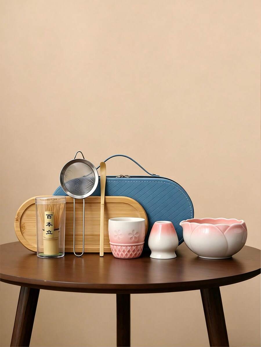 7-Piece Lotus Shaped Gradient Ceramic Portable Matcha Set, Complete Matcha Making Tools With Storage Bag - Multicolor - View 1