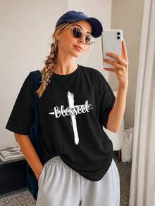 Weiches, bedrucktes T-Shirt aus reiner Baumwolle für Damen, lässiges Sommer-Basic-Top, atmungsaktiv, Rundhalsausschnitt, Kurzarm, Schwarz/Weiß - Schwarz - Übersicht 1